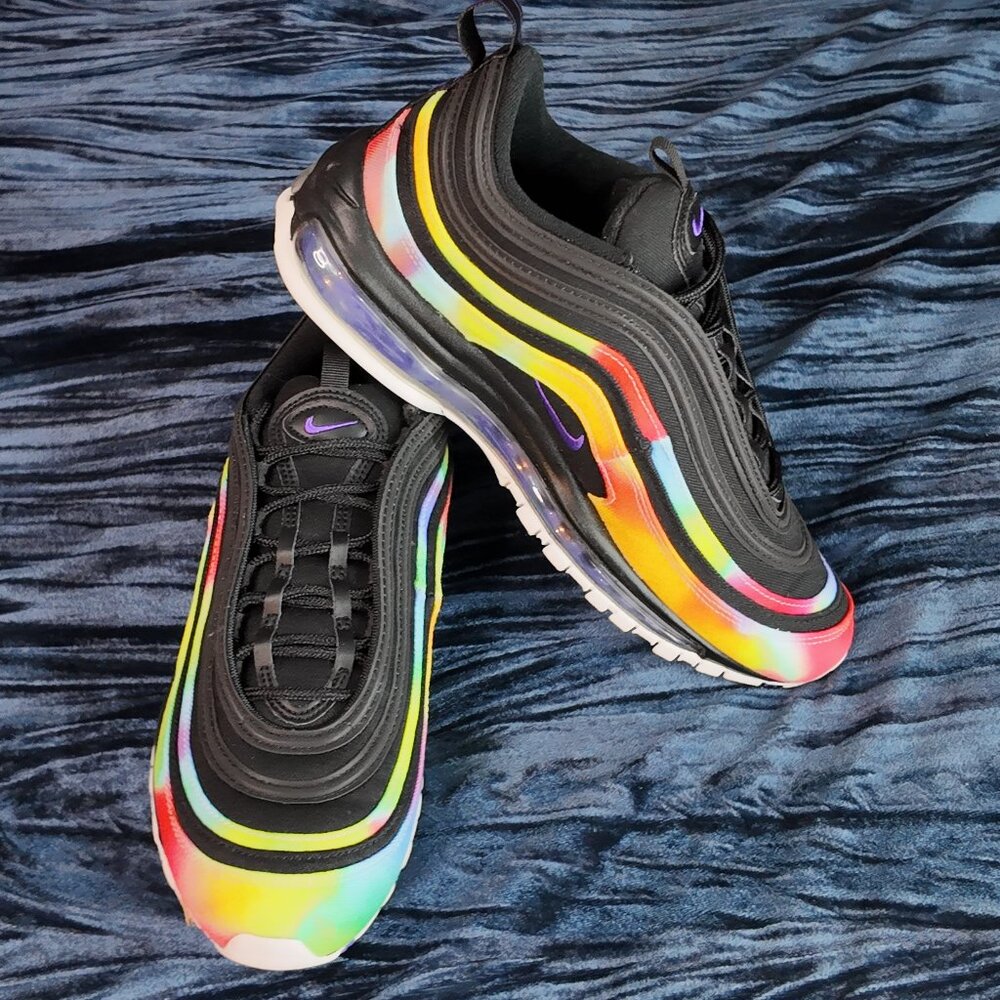 Nike Air Max 97, size 9, black and tye dye multi color